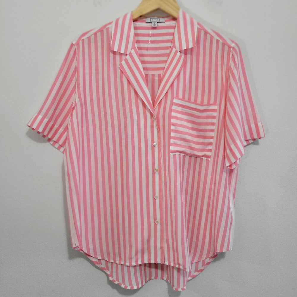 AYR The Pool Boy Button down Top Stripe Pink Size M Short Sleeve